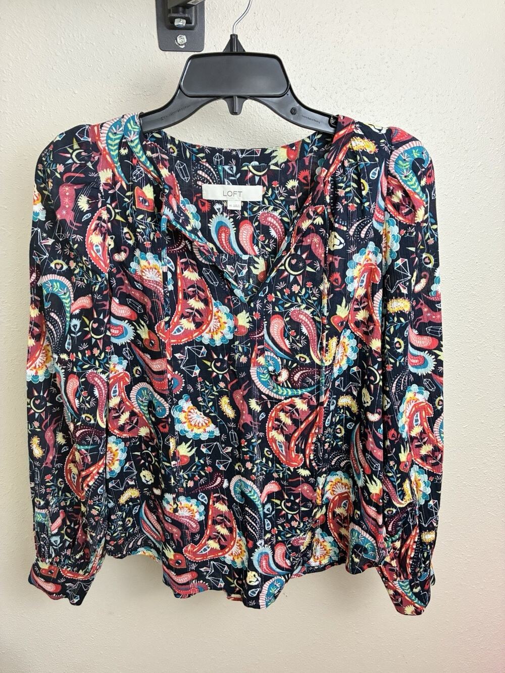 Loft Blouse Multicolor Paisley Long Puff Sleeve XS Tie Flowy Mystical